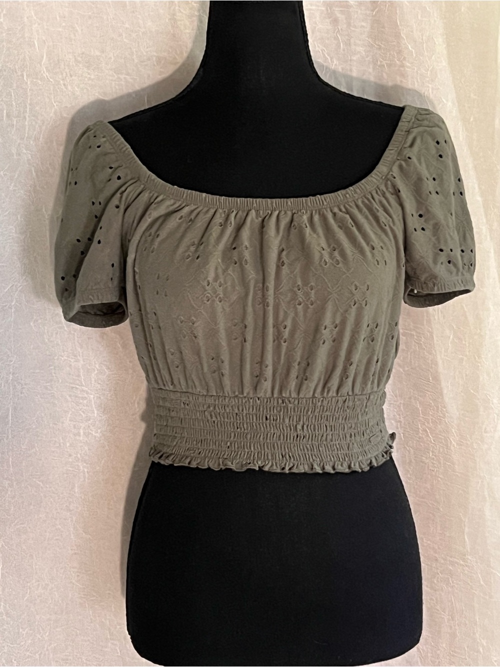 Hollister Olive Green Eyelet Smocked crop top